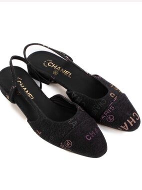 CHANEL Black Multicolor Logo Slingback Flats size 36